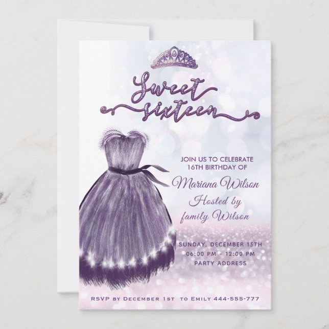 Invitation Robe moderne bokeh violet tiara doux 16 (Devant)