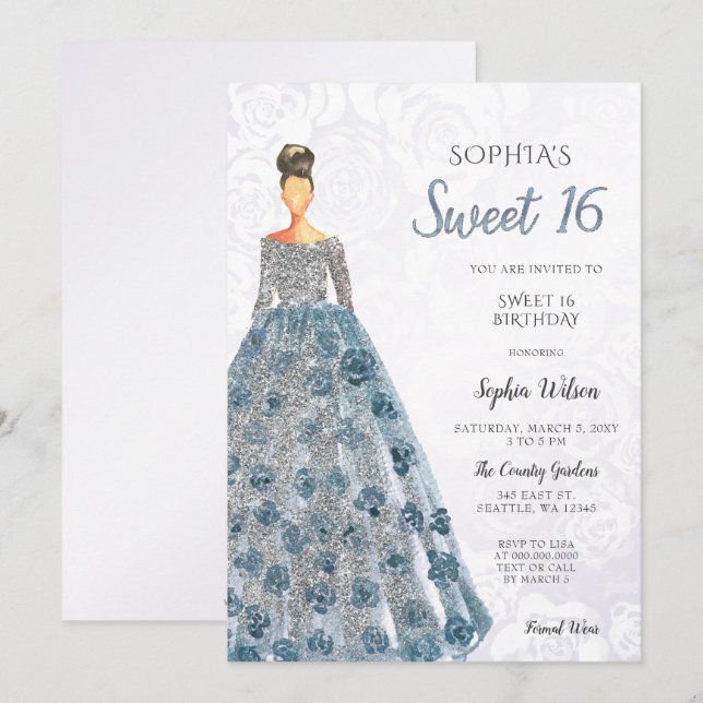 Invitation Robe mousseuse bleu argent Douce 16 anniversaire I (Devant / Derrière)