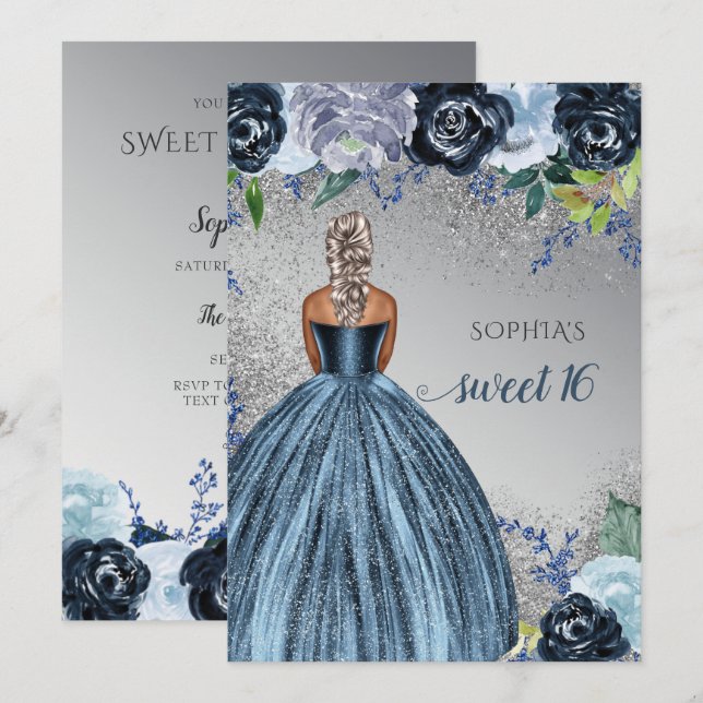 Invitation Robe mousseuse bleu argent Douce 16 ans (Devant / Derrière)