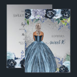 Invitation Robe mousseuse bleu argent Douce 16 ans<br><div class="desc">Robe Argent Bleu Étincelle Douce 16 Anniversaire Invitation. Peau foncée Blonde Cheveux</div>