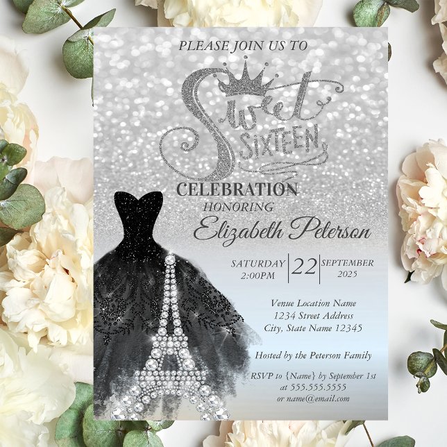 Invitation Robe noire à bokeh argenté Tour Eiffel Sweet 16 (Créateur téléchargé)