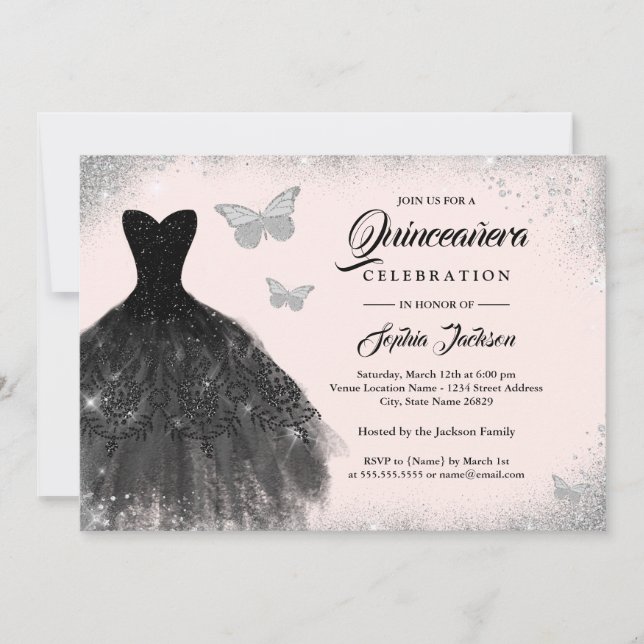Invitation Robe noire argentée blush papillon Quinceanera (Devant)