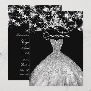 Invitation Robe noire argentée étincelante diadème étoiles Qu
