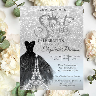 Invitation Robe Noire Bokeh Argent Tour Eiffel Sweet 16