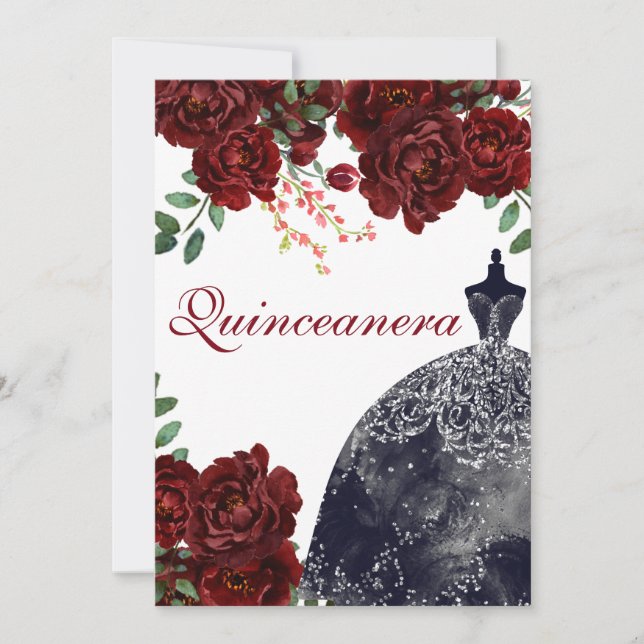 Invitation Robe noire Bourgogne Rouge Roses Quinceanera Party (Devant)