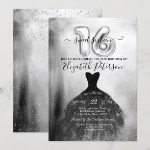 Invitation Robe noire chic confettis argentés Sweet 16