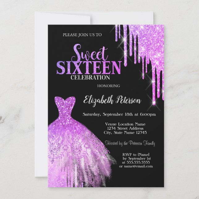 Invitation Robe noire Cool Purple Glitter Drips, Sweet 16 (Devant)