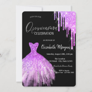 Invitation Robe noire de Quinceañera avec gouttes de paillett