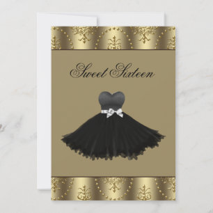 Invitation Robe noire lustre doré Sweet Sixteen Anniversaire