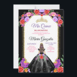 Invitation Robe noire Mis Quince 15 Anos Floral Gold Mexicain<br><div class="desc">Robe noire Quinceañera Floral Mexicain Couronne Invitation Mis Quince 15 Anos,  16e anniversaire, </div>