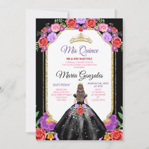 Invitation Robe noire Mis Quince 15 Anos Floral Gold Mexicain