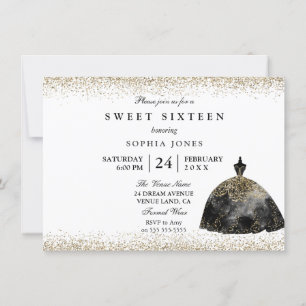 Invitation Robe Noire Or Parties scintillant Douce 16 invitat