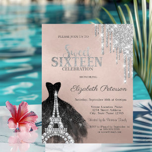 Invitation Robe noire paillettes Cool Silver Drips Sweet 16 
