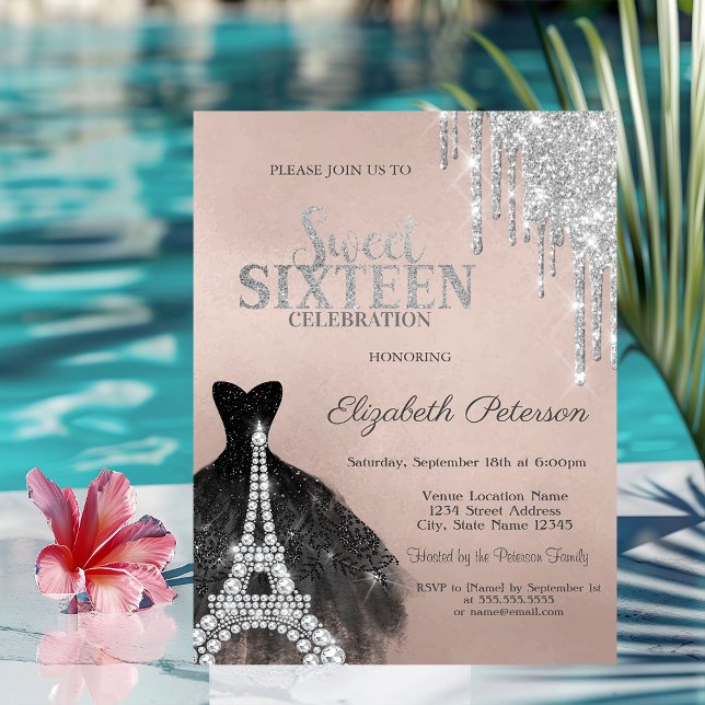 Invitation Robe noire paillettes Cool Silver Drips Sweet 16  (Créateur téléchargé)