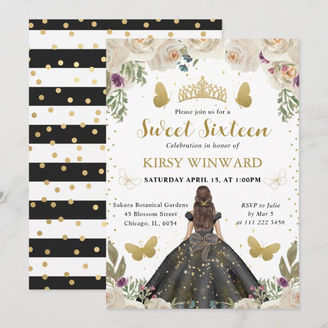 Invitation Robe noire princesse brune Sweet 16 (Devant / Derrière)