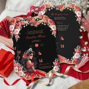 Invitation Robe noire Quinceanera rouge Papillons floraux