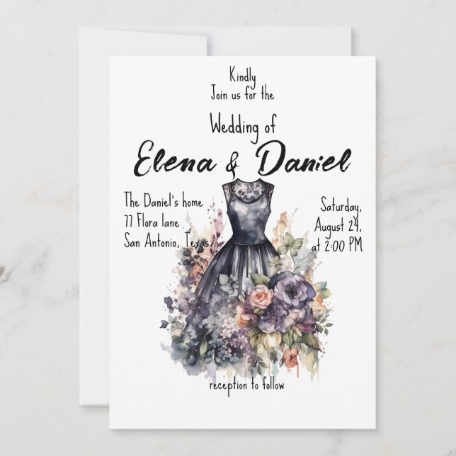 Invitation Robe noire rose d'aquarelle (Devant)