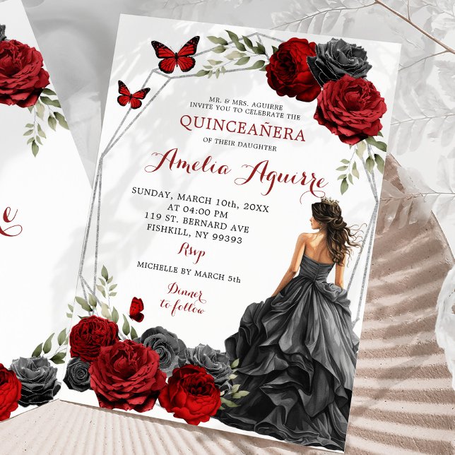 Invitation Robe noire Rose de Bourgogne rouge Quinceañera (Créateur téléchargé)