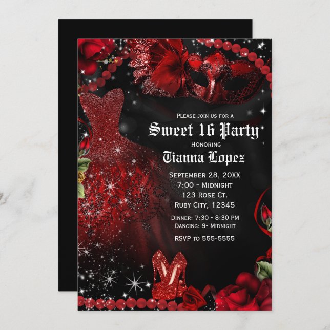 Invitation Robe Noire Rouge Masquerade Sweet 16 Anniversaire (Devant / Derrière)
