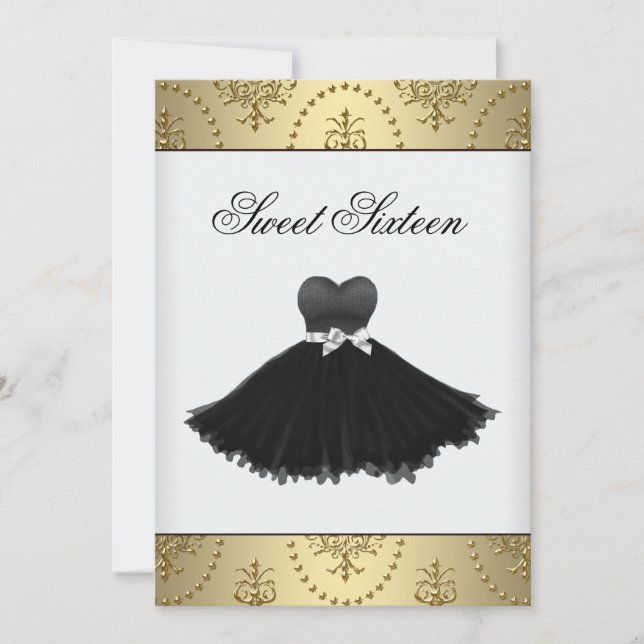 Invitation Robe Noire Sweet sixteen de lustre or Anniversaire (Devant)