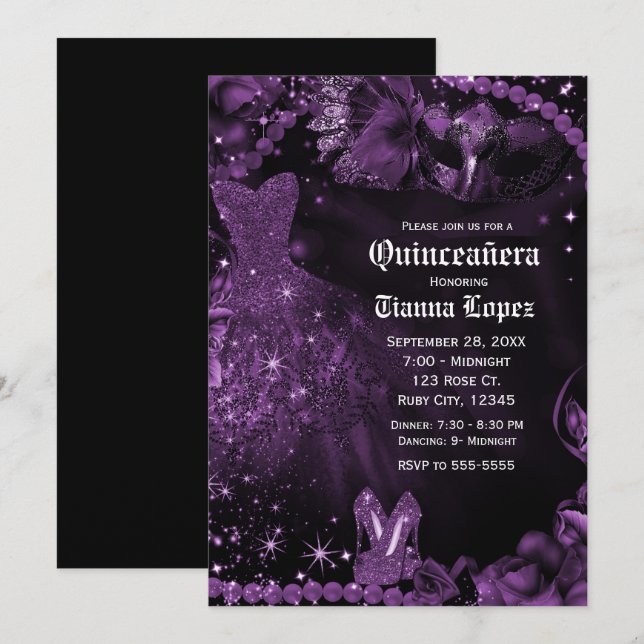 Invitation Robe noire violette Mascarade Quinceañera Fête des (Devant / Derrière)