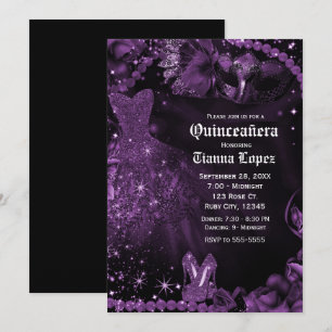 Invitation Robe noire violette Masquerade Quinceañera 15 fête
