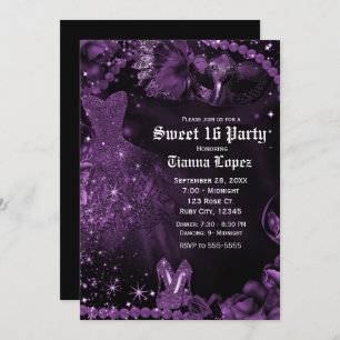 Invitation Robe noire violette Masquerade Sweet 16 Anniversai