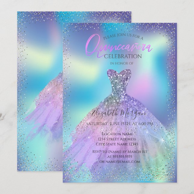 Invitation Robe ombrée, Quinceañera holographique confettis (Devant / Derrière)
