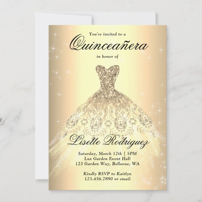 Invitation Robe or élégant Quinceanera (Devant)