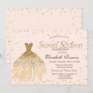Invitation Robe Or Élégante Diamants Crème Sweet 16