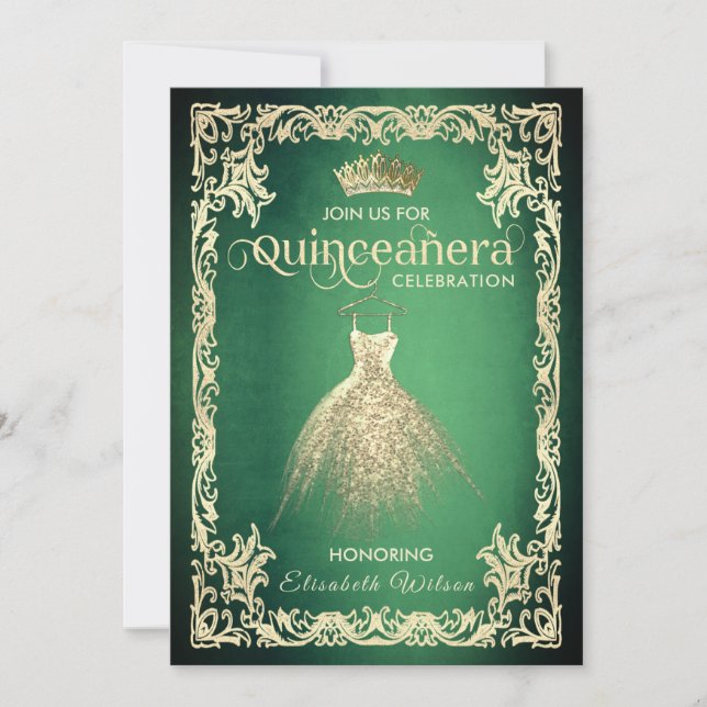 Invitation Robe or luxe vert chic tiara Quinceañera (Devant)
