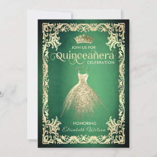 Invitation Robe or luxe vert chic tiara Quinceañera
