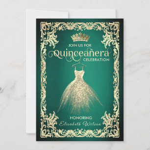 Invitation Robe or luxe vert chic tiara Quinceañera I