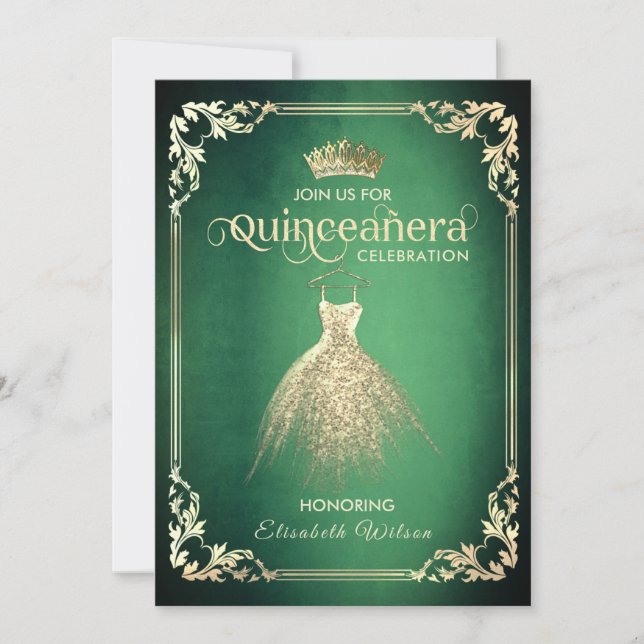 Invitation Robe or luxe vert chic tiara Quinceañera I (Devant)