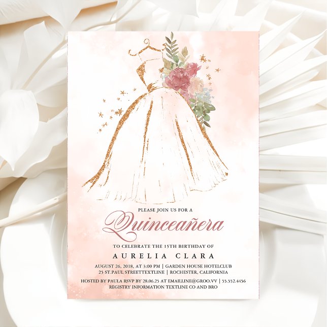 Invitation Robe or rose de Quinceañera 15e anniversaire (Créateur téléchargé)