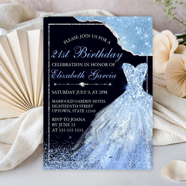Invitation Robe Pailletée Bleu Clair & 21e Anniversaire Bordu (Créateur téléchargé)