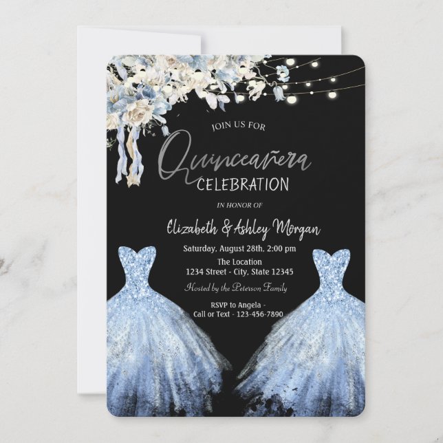 Invitation Robe pailletée bleue fleurs bohèmes (Devant)