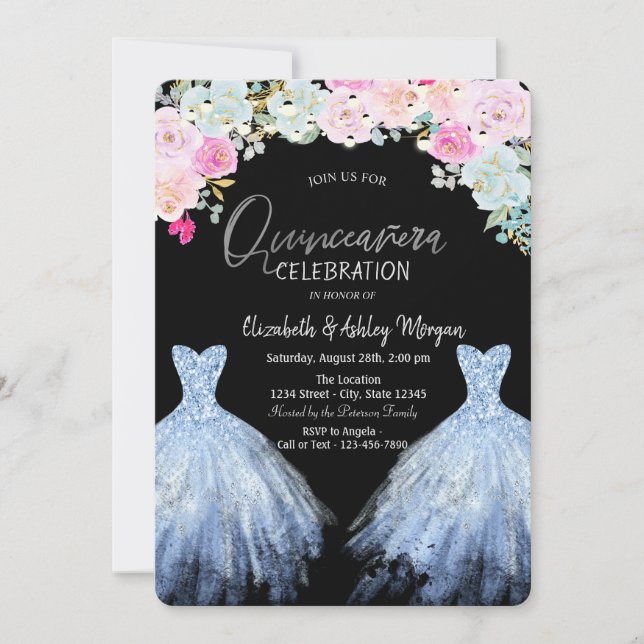 Invitation Robe pailletée chic fleurs bleues roses  (Devant)