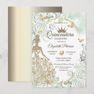 Invitation Robe pailletée chic, papillons roses verts