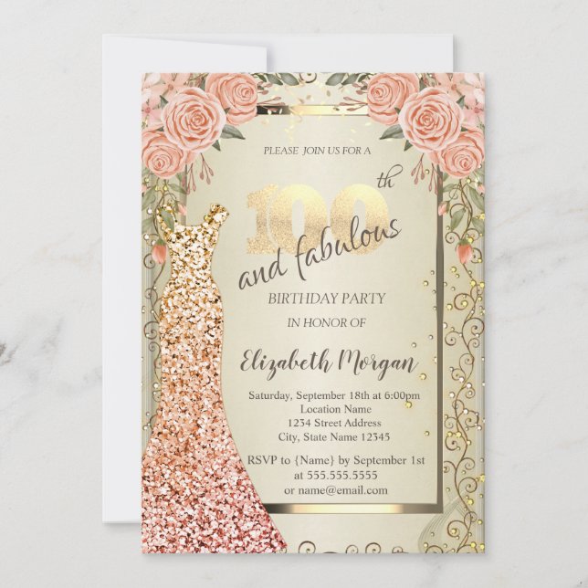 Invitation Robe Pailletée Chic Roses Or 100e Anniversaire (Devant)