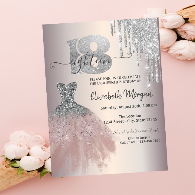 Invitation Robe Pailletée Chic Silver Drips 18 Ans Anniversai (Créateur téléchargé)