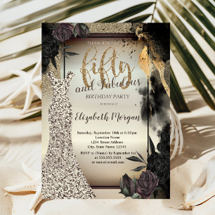 Invitation Robe Pailletée Élégante, Roses Sombres 50e Anniver