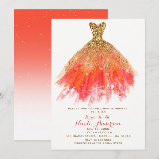 Invitation Robe pailletée glamour orange doré pour douche de  (Devant / Derrière)