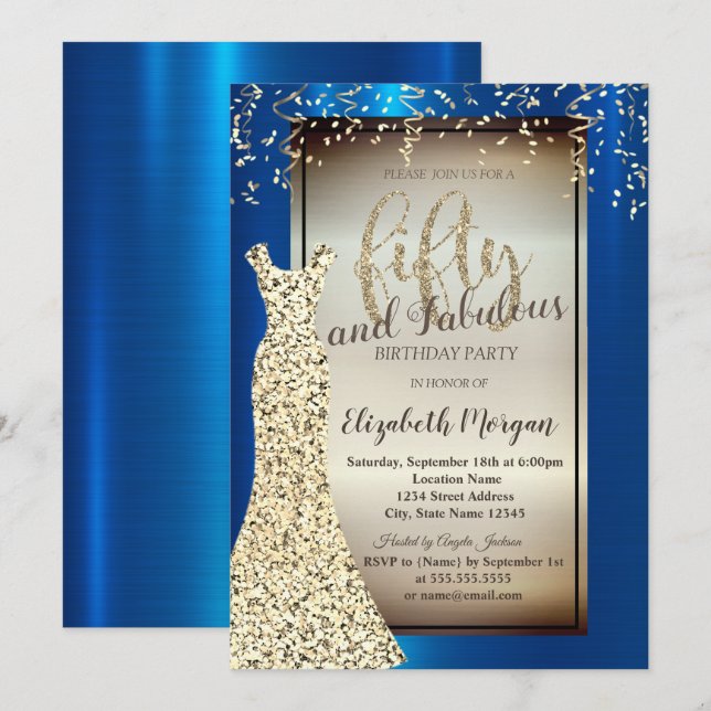 Invitation Robe pailletée or chic, Confettis Fond Royal Bleu  (Devant / Derrière)