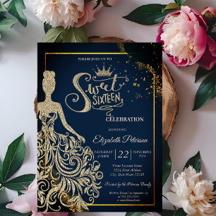 Invitation Robe pailletée or chic, Diadème Bleu marine Sweet 
