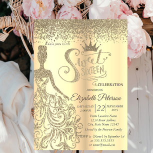 Invitation Robe pailletée or chic, Diadème, Diamants Douce 16