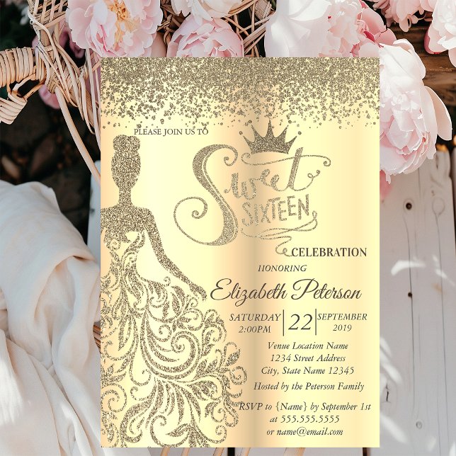 Invitation Robe pailletée or chic, Diadème, Diamants Douce 16 (Créateur téléchargé)