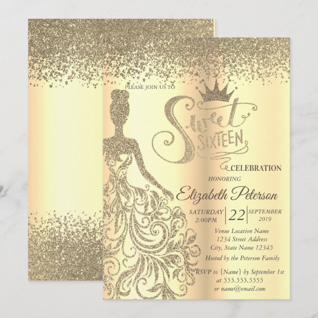 Invitation Robe pailletée or chic, Diadème, Diamants Douce 16 (Devant / Derrière)