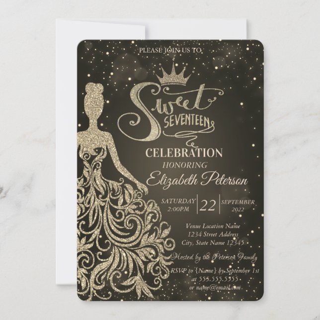 Invitation Robe pailletée or chic, Tiara Quinceañera (Devant)