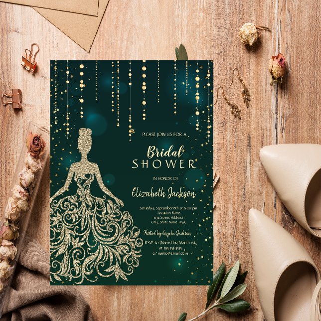 Invitation Robe Pailletée Or Chic Vert Shower de Mariage (Créateur téléchargé)